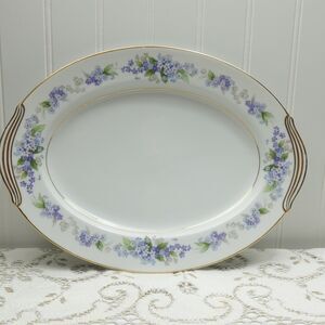 Vintage Noritake China Ramona Oval Serving Platter Blue Floral Gold Trim